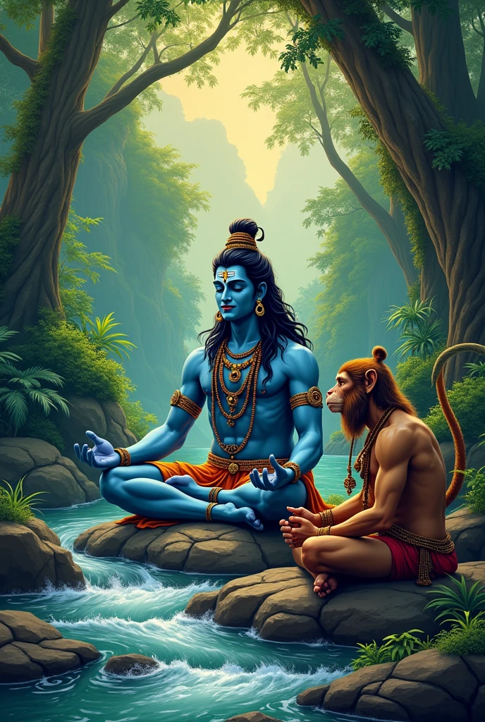 Mahadev sitting meditation with front  bajrang bali sitting river side Jungle 