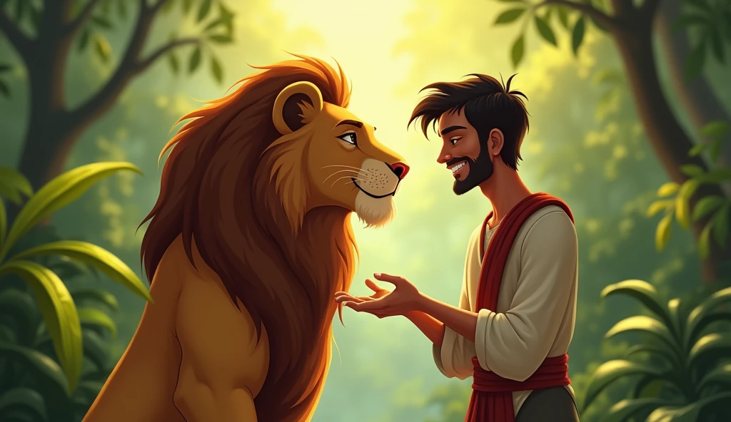 After being helped, the lion stands up and nuzzles Raju's hand, showing affection. Raju smiles and pats the lion's head. The two stand together, surrounded by the lush greenery of the jungle."