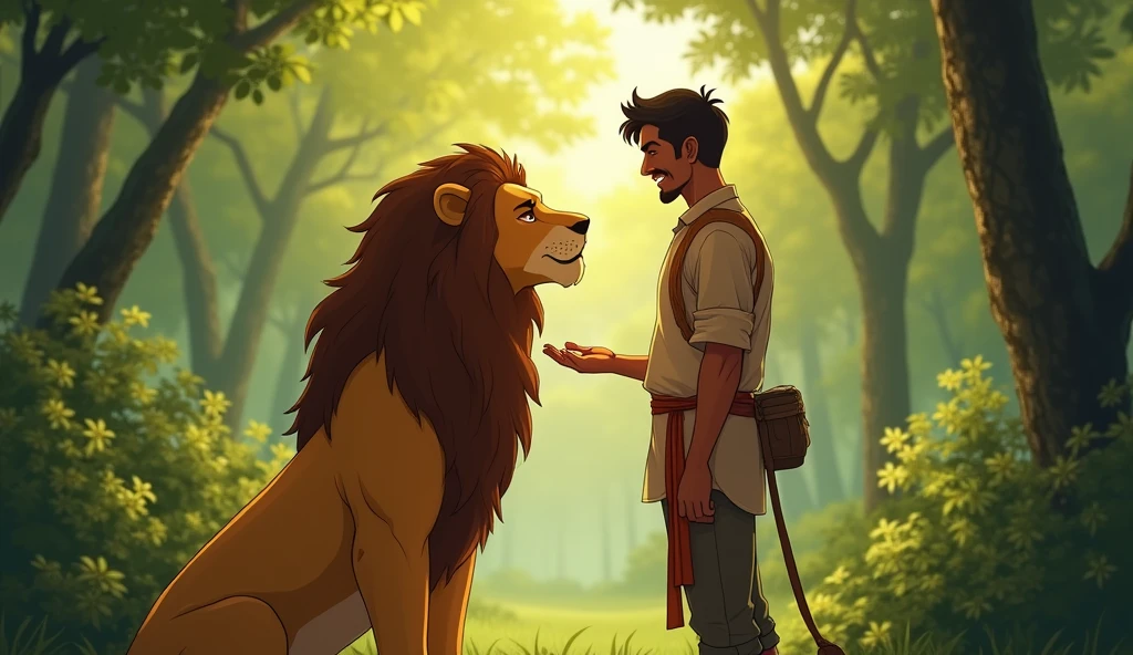 After being helped, the lion stands up and nuzzles Raju's hand, showing affection. Raju smiles and pats the lion's head. The two stand together, surrounded by the lush greenery of the jungle."