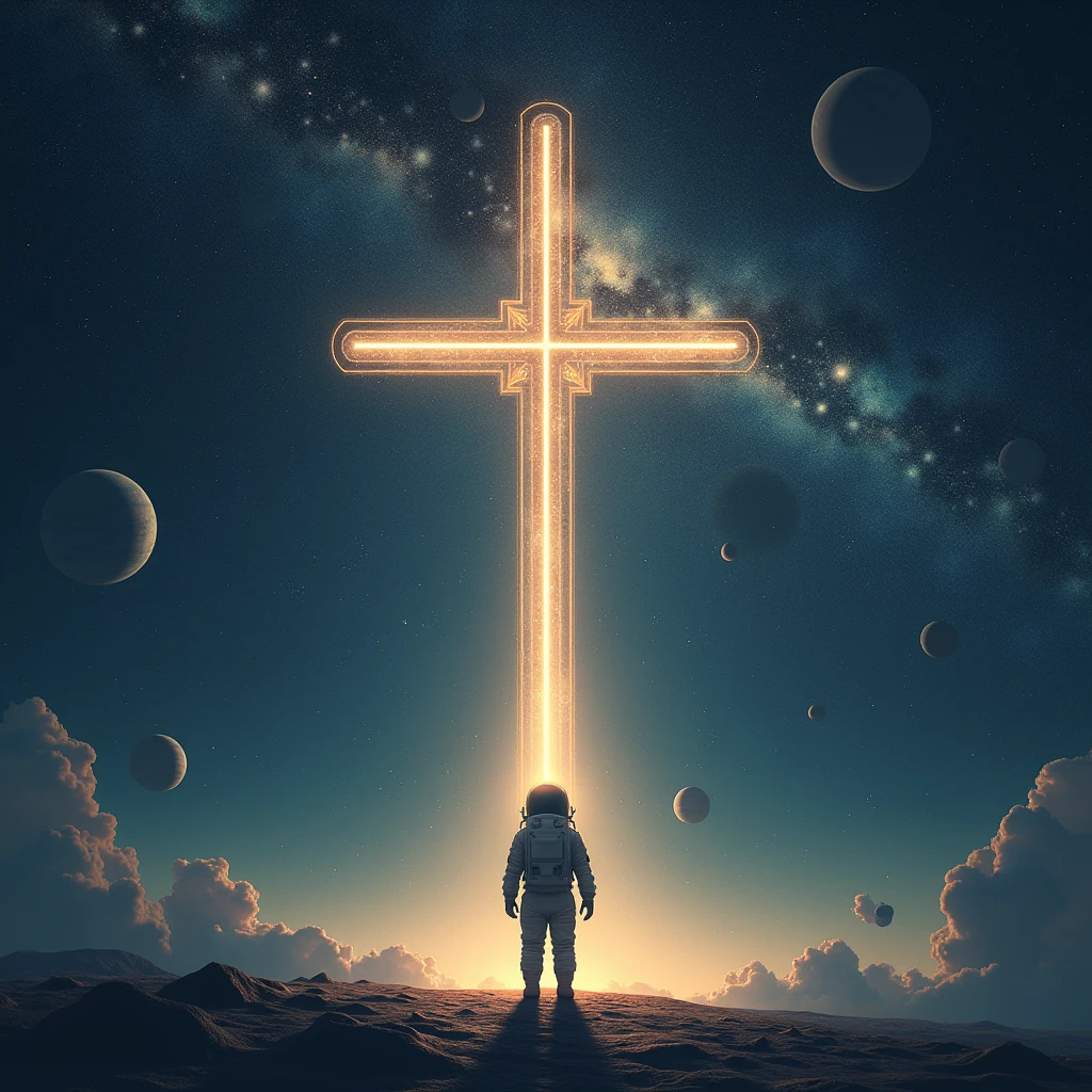 A cross, in outer space, constellations, stars , planets , an astronaut