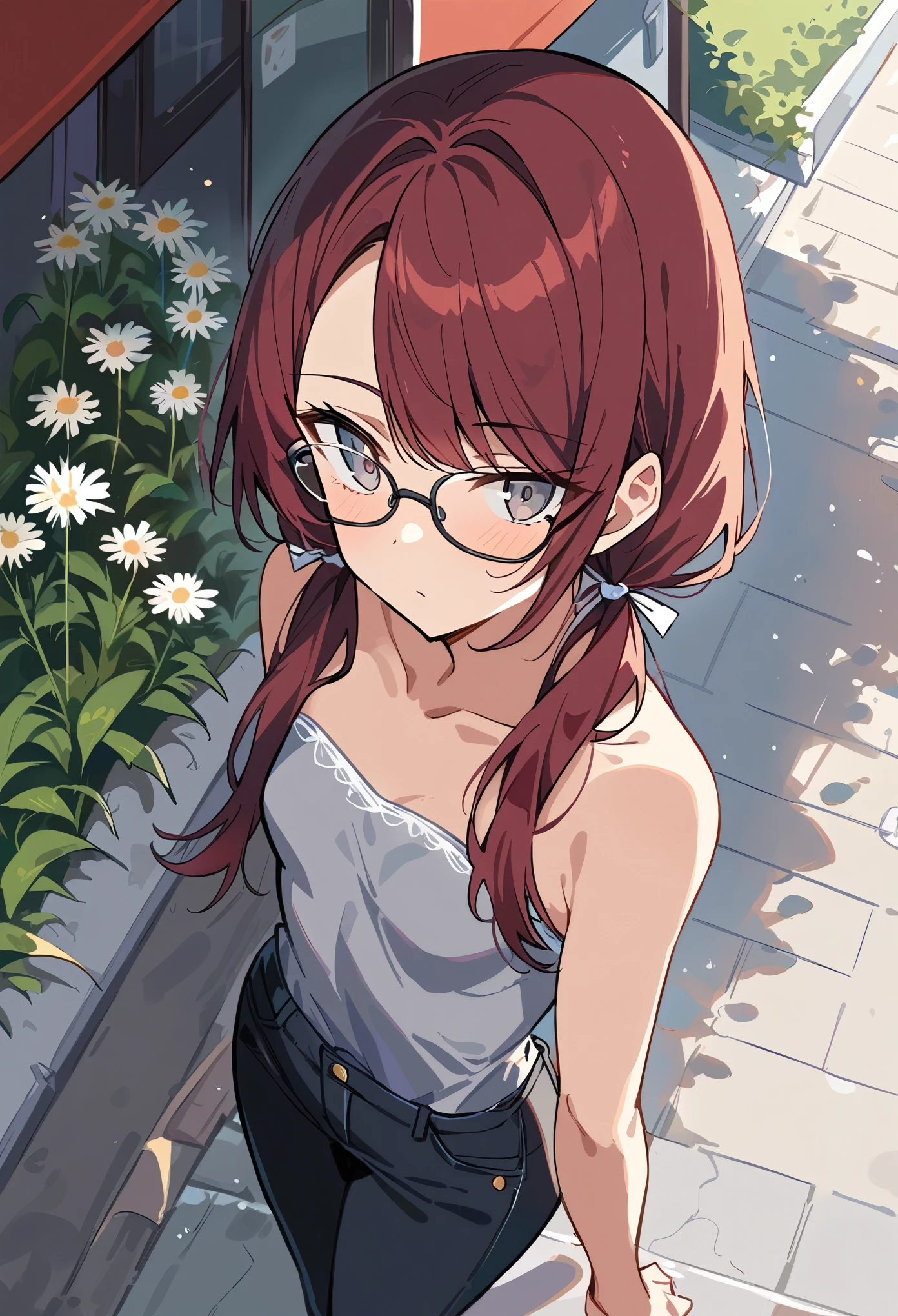 Masterpiece, highres, high Quality, detailed face, from above, over-the-shoulder shot, street, awning, shade, flowers, holding one arm, triceps, head tilt, Gray eyes, dark red hair, swept bangs, low twin tails, glasses, white ribbons, gray strapless shirt with white trim, black jeans, small breasts, toned arms, flowers, sidewalk, weeds,