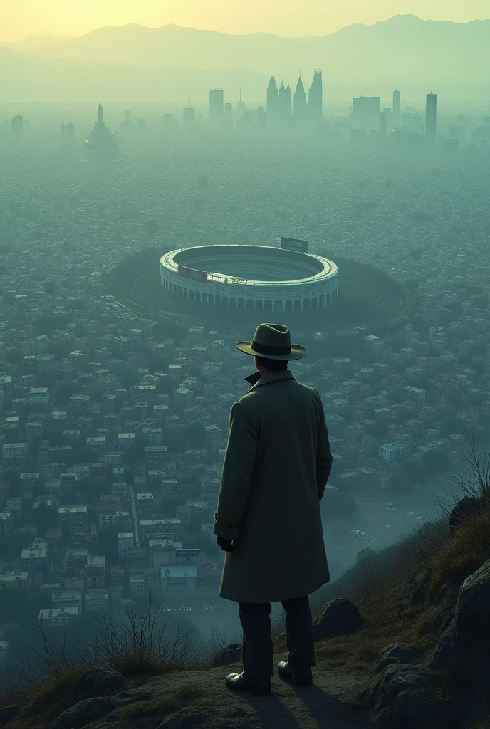 Create a large city seen from a hill and a stadium in middle of the city. In the evening a detective with hat and coat is looking at the large city. The city has only small houses and a road. The stadium is round and in the middle of the city.
