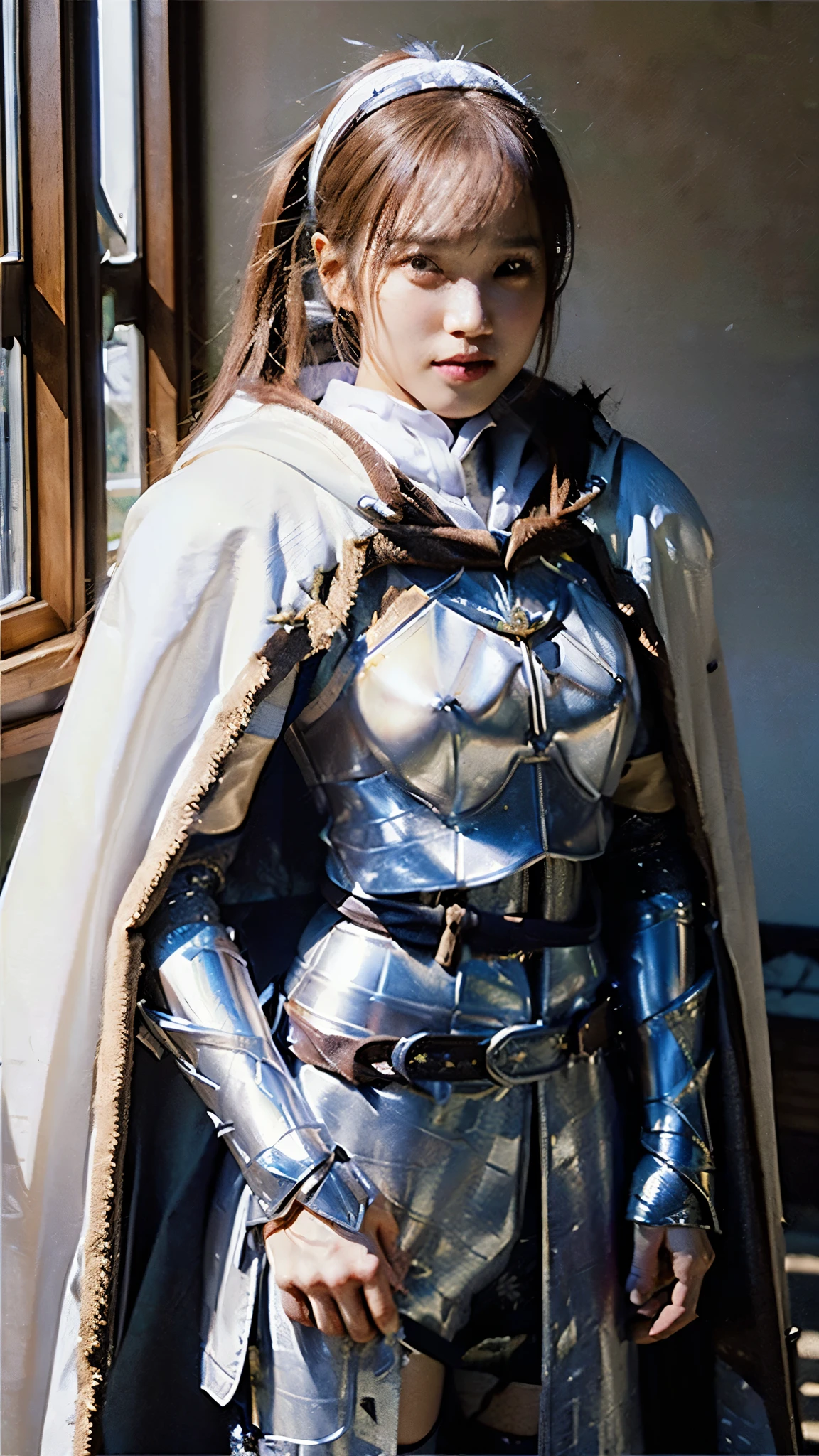 Asuna, Asuna_(star), (1 girl,Alone) ,fancy, High resolution, the 19, original, (wear in a waist holster:1.3), smile, (white knight wizard long cape:1.55), short hair, medium breasts, looking at the viewer, hits ,detailed hazel brown eyes, beautiful background, ((morning sun,Western style private room.)), hands on chest,(Brown hair,short ponytail:1.5), (Platinum Knight Wizard Full Armor:1.55),short hair, standing,straight, abec,(Whole body:1.1), white thighs,(abec:1.4), NSFW, uncensored