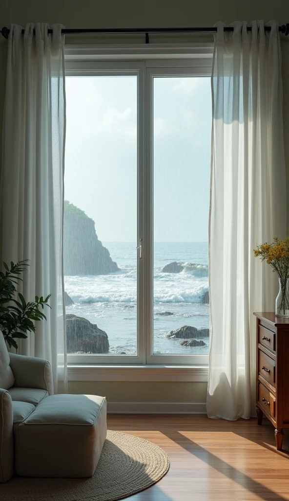 A quaint, airy room with white curtains billowing slightly as rain taps against the windows. The rain is coming down heavily outside, mixing with the sound of waves crashing.