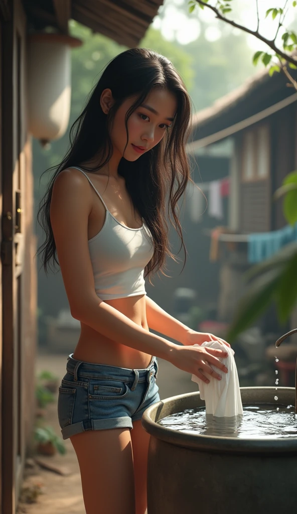 Thai woman of 20 age in shorts and sleevless no bra washing clothes
