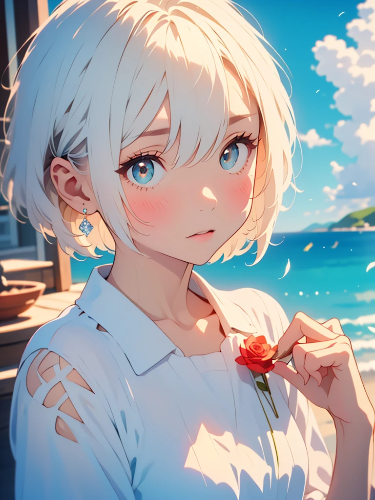 (blurry background:1.3), (extremely detailed fine touch:1.3), (hard light, studio light, light rays, dappled light, reflection, shadows, ray tracing:1.0), ///, kawaii girl, short hair, (bold outlines:1.3), roses, diamonds, sky, night views, geometric patterns, architecture, traditional crafts, flowers, sea, clouds, light, rainbows, feathers, wings, sandy beaches, crystals, snow,