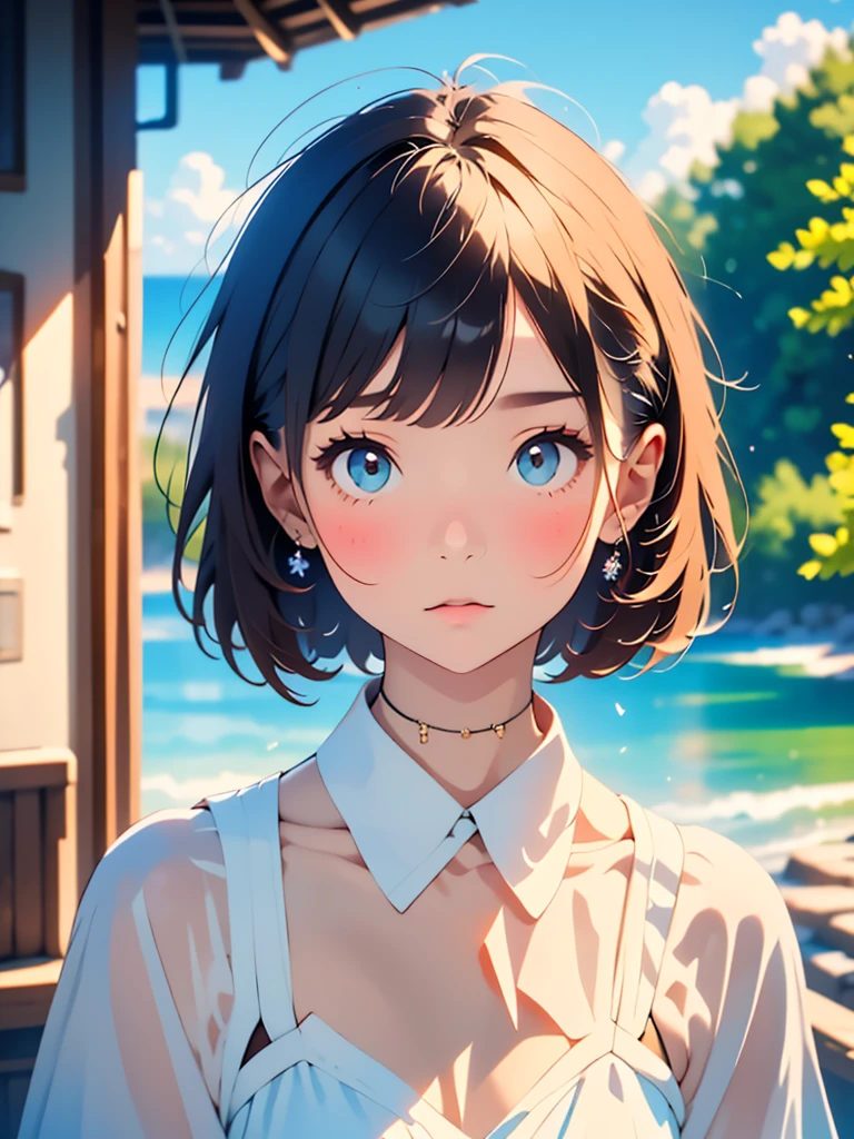 (blurry background:1.3), (extremely detailed fine touch:1.3), (hard light, studio light, light rays, dappled light, reflection, shadows, ray tracing:1.0), ///, kawaii girl, short hair, (bold outlines:1.3), roses, diamonds, sky, night views, geometric patterns, architecture, traditional crafts, flowers, sea, clouds, light, rainbows, feathers, wings, sandy beaches, crystals, snow,