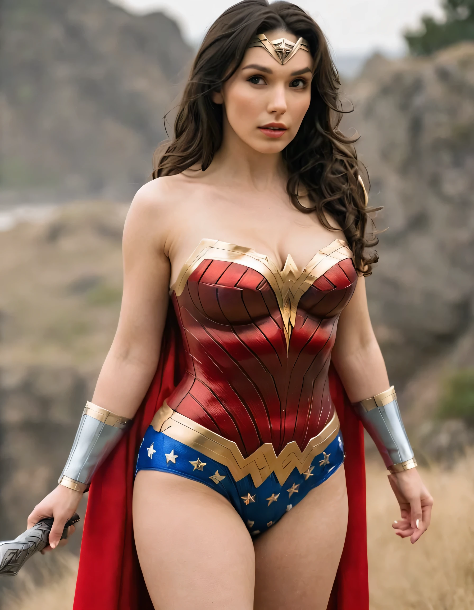 professional portrait photo of Grccrlncrry woman, looking at the camera, Revealing Busty outfit with cleavage and skin tight costume. Curvaceous figure, large breasts. Showing cleavage, highly detailed, skin texture, cosplaying as Wonder Woman of the DC universe of comics.