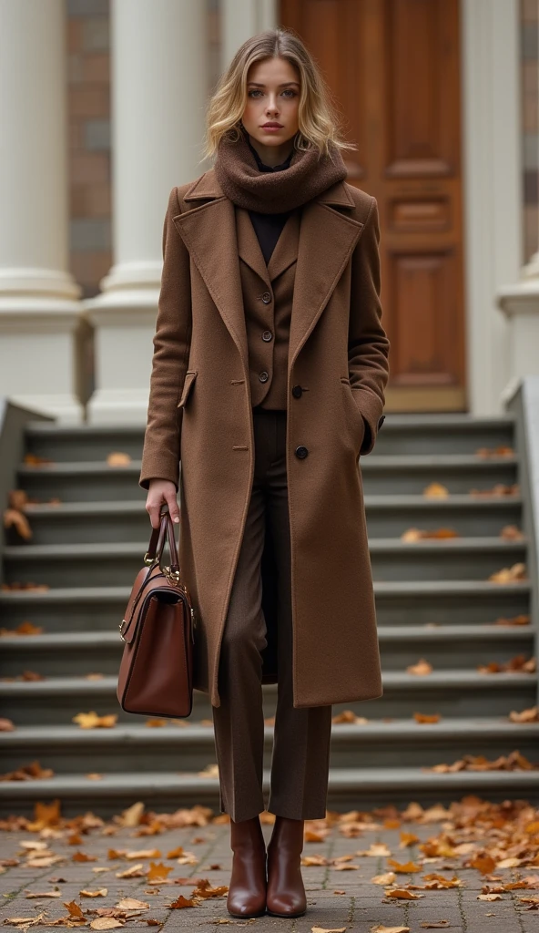 The following features can be seen in this image:: - The image shows a woman wearing a brown tweed coat and trousers in the center of the image.
- In the center of the image is a woman wearing a brown tweed coat and pants.
- The woman has an elegant expression and a brown scarf around her neck.
- The woman is wearing brown boots and has a brown bag in her hand.
- The background is classical architecture and the woman is standing on a staircase.
- The overall atmosphere is autumnal, and the woman's sophisticated clothing and expression are striking.