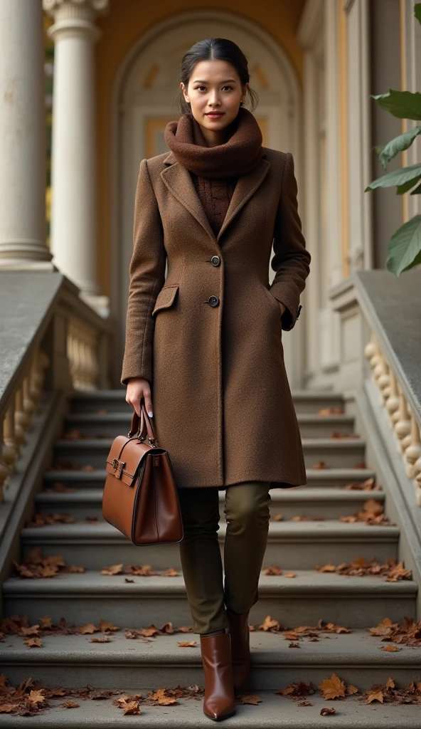 The following features can be seen in this image:: - The image shows a woman wearing a brown tweed coat and trousers in the center of the image.

 - In the center of the image is a woman wearing a brown tweed coat and pants.
 - The woman has an elegant expression and a brown scarf around her neck.
 - The woman is wearing brown boots and has a brown bag in her hand.
 - The background is classical architecture and the woman is standing on a staircase.
 - The overall atmosphere is autumnal, and the woman's sophisticated clothing and expression are striking.
