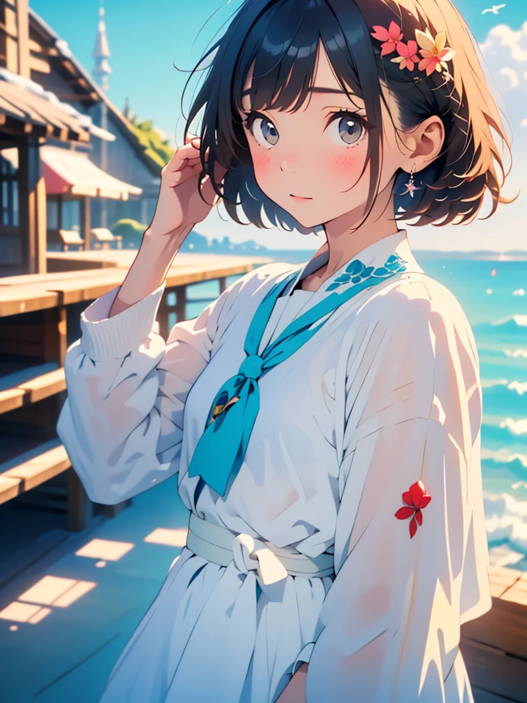(blurry background:1.3), (extremely detailed fine touch:1.3), (hard light, studio light, light rays, dappled light, reflection, shadows, ray tracing:1.0), ///, kawaii girl, short hair, (bold outlines:1.3), roses, diamonds, sky, night views, geometric patterns, architecture, traditional crafts, flowers, sea, clouds, light, rainbows, feathers, wings, sandy beaches, crystals, snow,