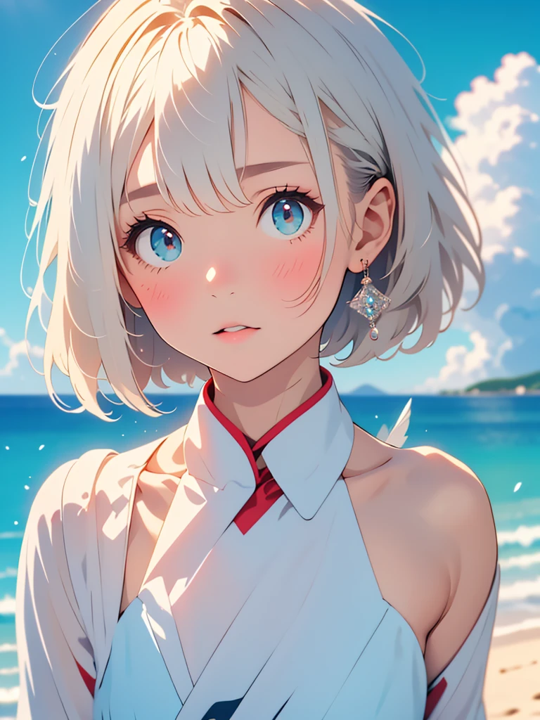 (blurry background:1.3), (extremely detailed fine touch:1.3), (hard light, studio light, light rays, dappled light, reflection, shadows, ray tracing:1.0), ///, kawaii girl, short hair, (bold outlines:1.3), roses, diamonds, sky, night views, geometric patterns, architecture, traditional crafts, flowers, sea, clouds, light, rainbows, feathers, wings, sandy beaches, crystals, snow, 