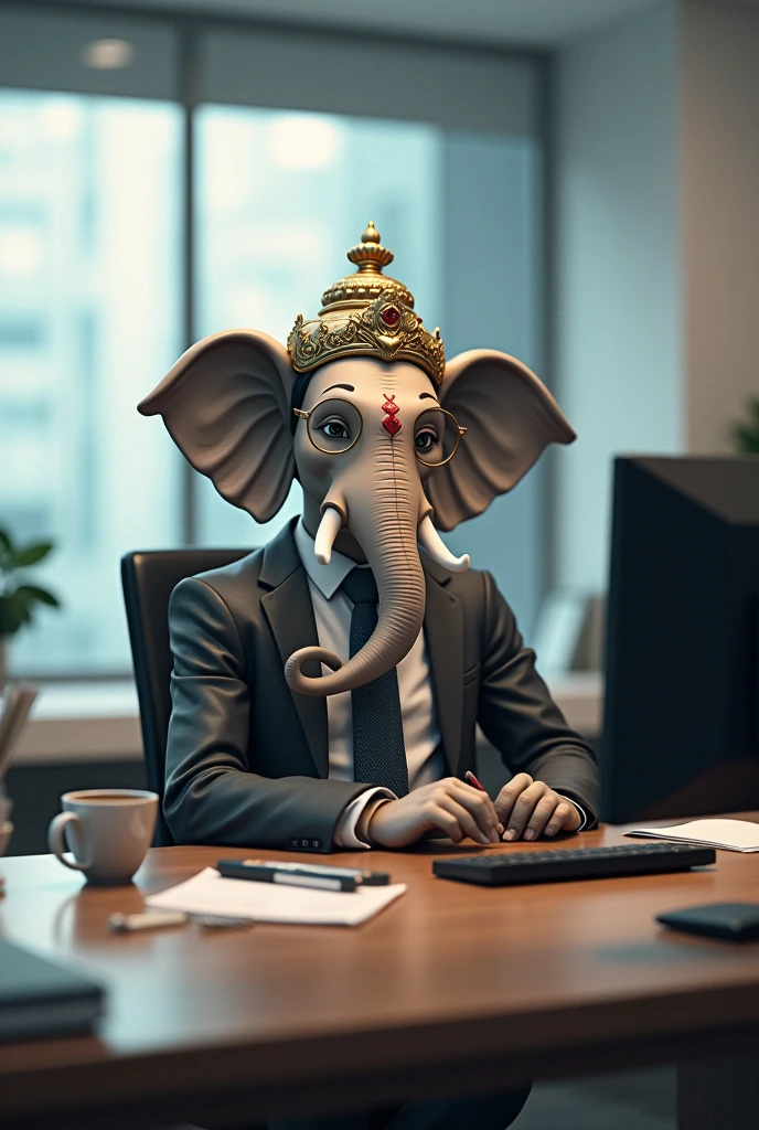 Lord ganesha working in Office with Company name ONE and his post nameplate on desk Lord Ganesha (ONE AR)