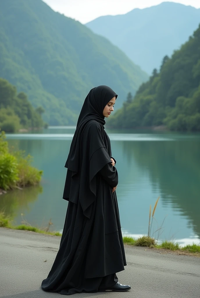 Generate a 4k realistic picture of a 1 girl wearing black pashtoon traditional suit and standing at a road between water of a lake in   green mountains looking at her black pashtoon traditional shoes and shying
