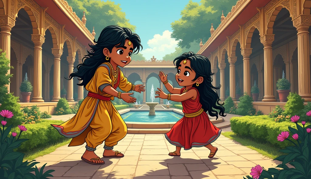 Comic style : Shakuni, as a young prince, playing with his sister Gandhari in the palace gardens..
