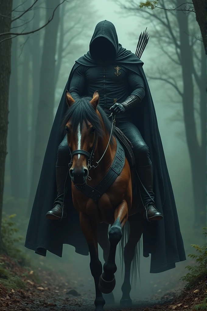 A strong man riding on horse, with swords and arrows , hiding face in black hoodie, in the forest, in horror scene, and in the photo frame in small text there written a " KHAN SENDERS " in golden words, without disturbing photo art