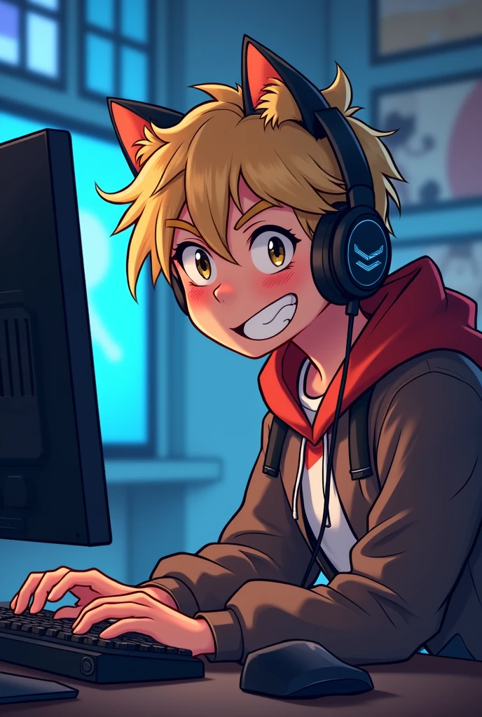 A 20 year old nerdy blonde man with messy short hair and glasses wearing cat ear headsets, unshaved, playing computer with an inviting expression, DC comics style