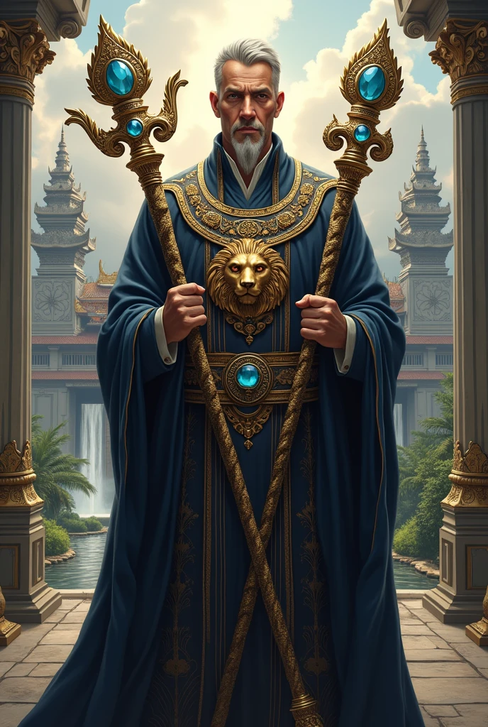 Raja: half body of an adult male holding crossed blue jeweled staffs. Robe: Long dark blue robe with gold embroidery with a lion symbol. Magnificent palace with mixed Javanese and Islamic architecture. There are towers that rise to the sky, gardens with fountains. Art Style: Realistic with a touch of Fantasy with  text in the middle, namely MAHAKARSA