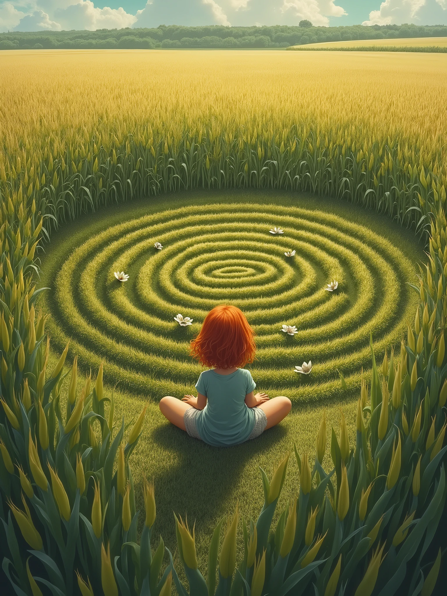 A small girl with red hair sitting backwards on the floor in the center of a crop circle in a corn field