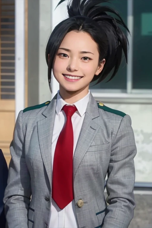 Highest quality、4K、masterpiece、Very detailed目、Very detailed、1 person、alone、My Hero Academia、Millions、Very delicate、8k、smile、whole body、Perfect human structure、smile、whole body、Yuei High School 、Grey jacket、Red tie、Inside the school、ponytail