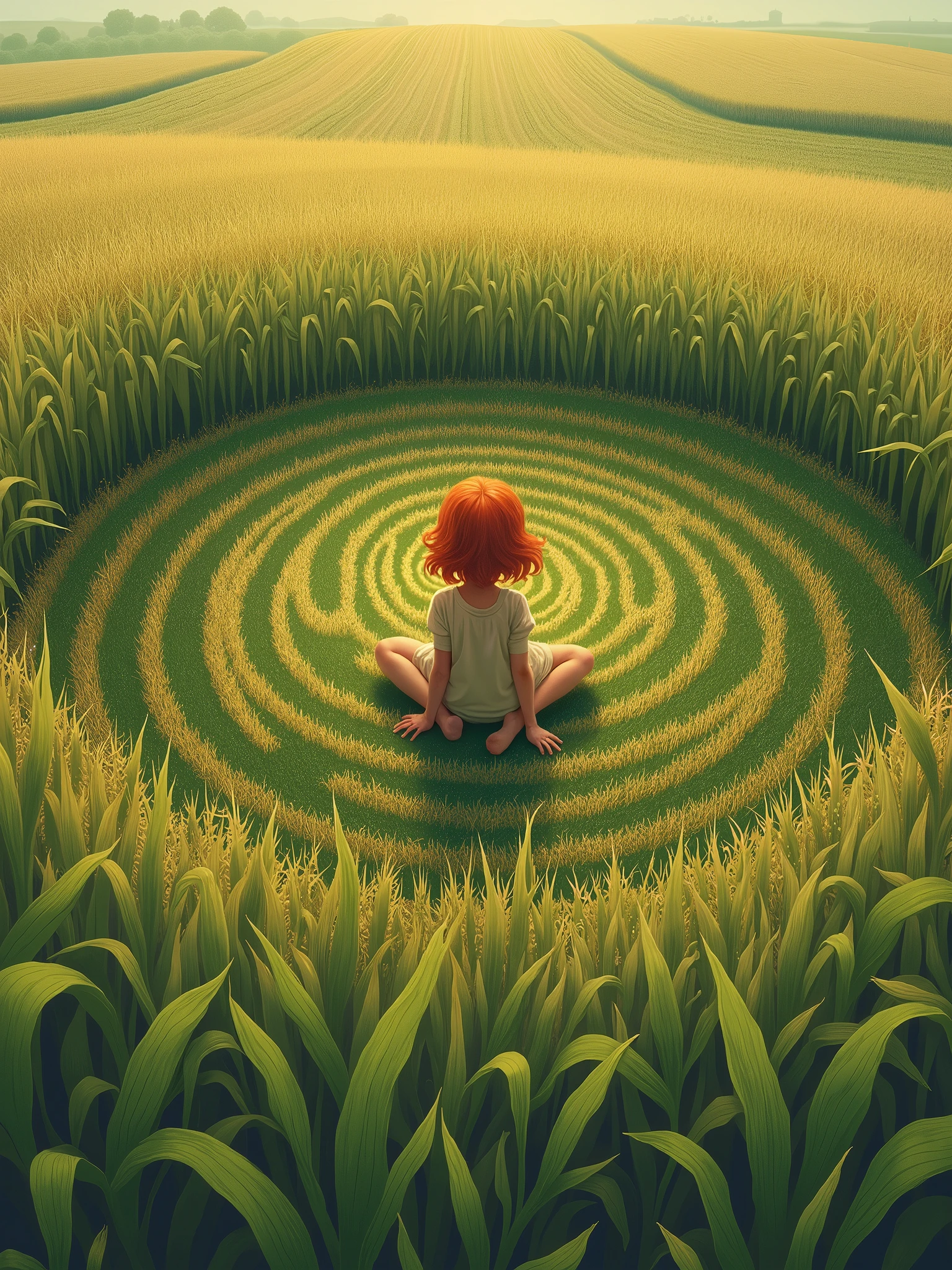 A girl with red hair sitting backwards on the floor in the center of a crop circle in a corn field