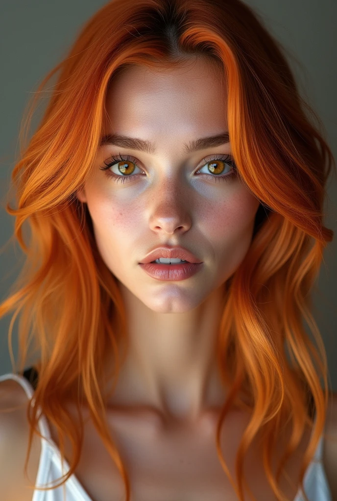 (photorealism:1.2), Adult woman fair skin tanned European straight golden hair with red strands, big orange eyes, fine rostrum, thin lips