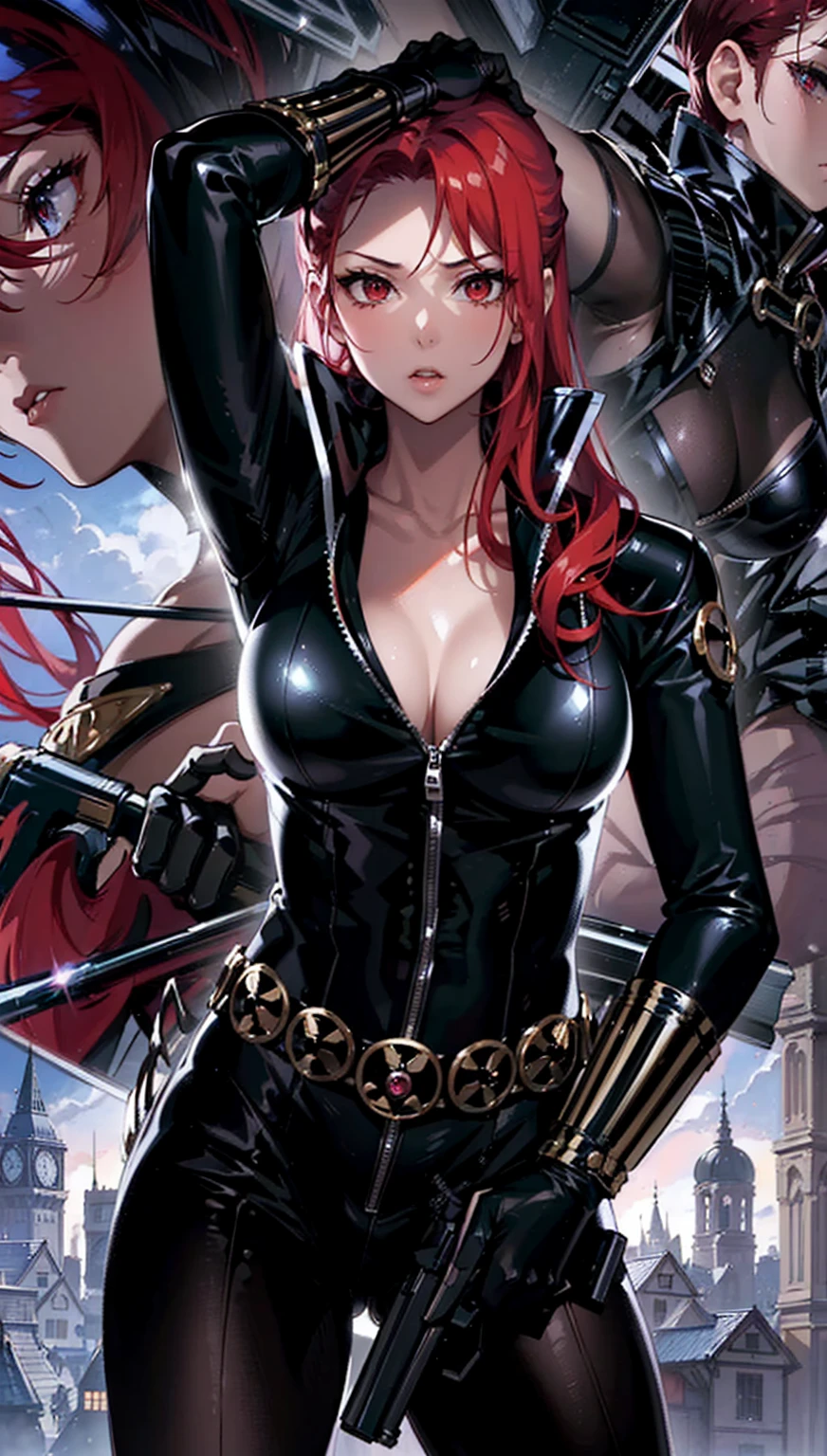 The image features a girl with long, bright red hair, dressed in a sleek skin-tight shiny black latex bodysuit with a deep-cut zipper neckline revealing a large chest, the silver zipper running down the front. The suit is complemented by her iron wrist guard on both wrists and a belt made of silver circles around her waist. She holds a gun in each hand in a ready position, while her other hand is touching her hair. Placed against a dark city backdrop, the scene includes buildings and might contain elements resembling a clock tower, suggesting an urban setting. This composition is emblematic of a superhero genre, highlighting central and ancillary characters, with an overtone of action and vigilance.