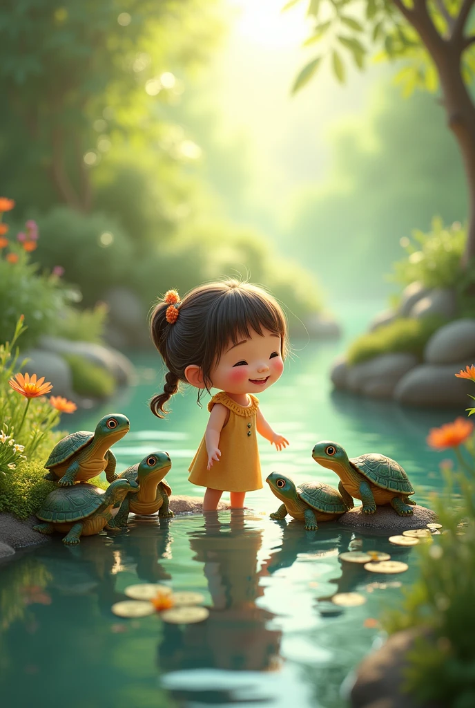 Draw a bunch of cute turtles,Then there was a person(girl),The whole thing looks cute,style