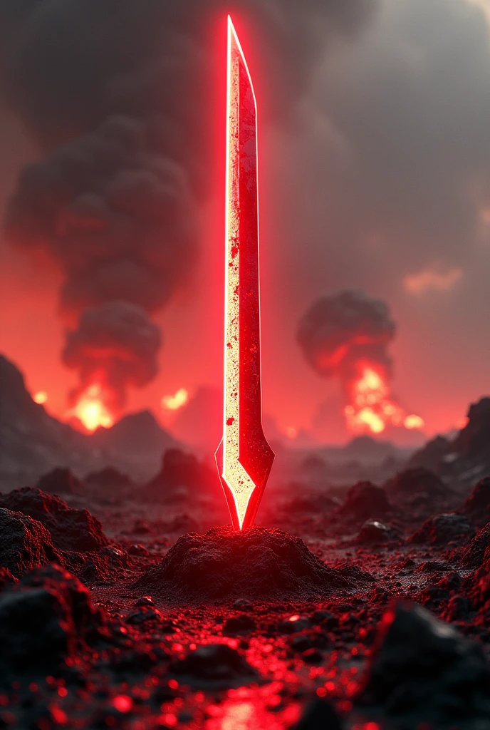 A laser blade shoved in ground, ground is covered in blood and explosions behind