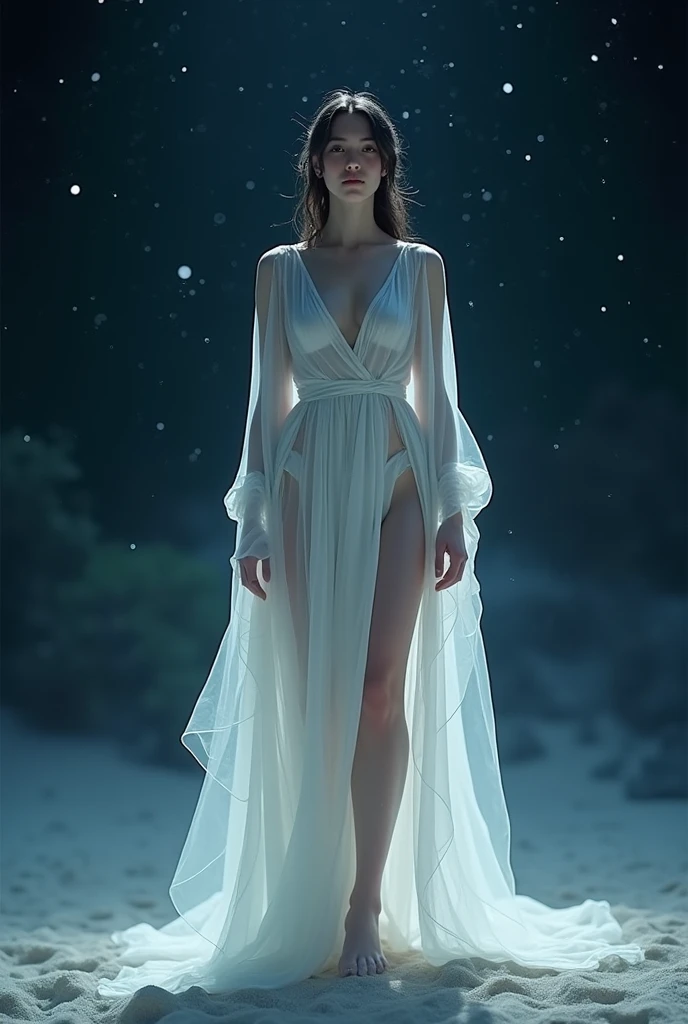 Masterpiece, a beautiful young goddess, full body white transparent clothes standing under empty night stars, disappearing transparent pants, full body standing, tall figure, slender legs, facial details, detailed body part details, 8k wallpaper