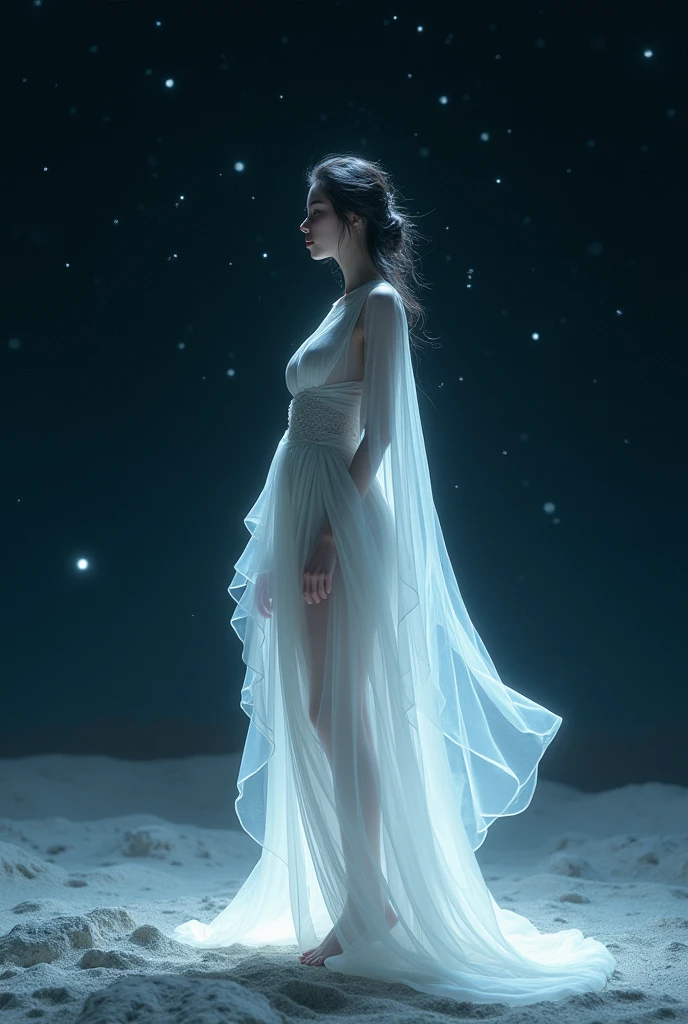 Masterpiece, a beautiful young goddess, full body white transparent clothes standing under empty night stars, disappearing transparent pants, full body standing, tall figure, slender legs, facial details, detailed body part details, 8k wallpaper