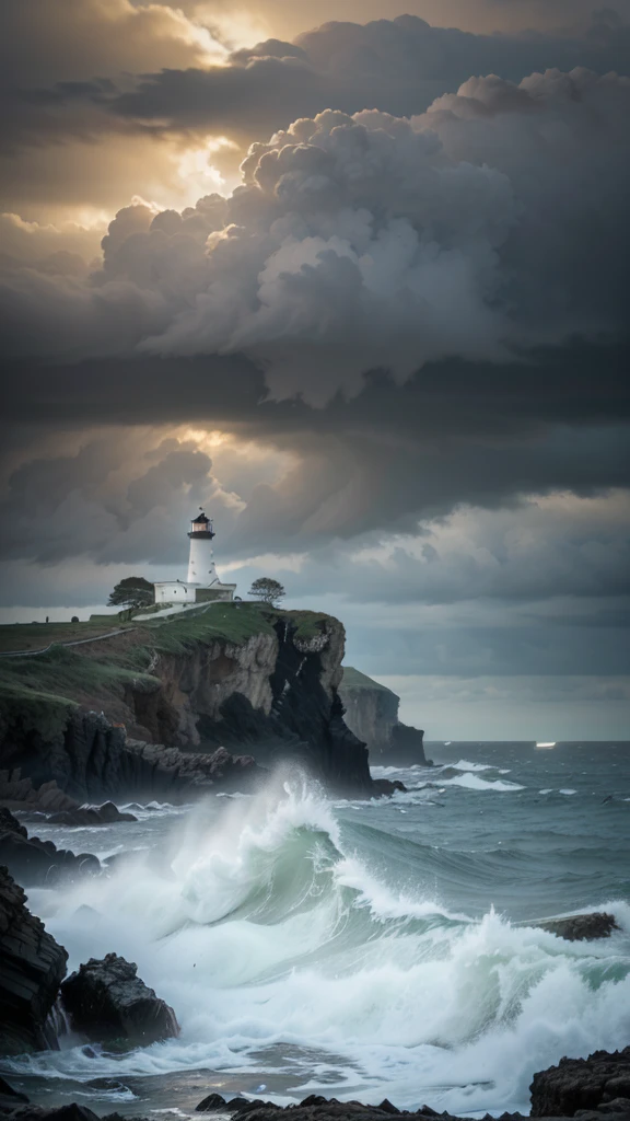 an anime-style landscape of a lonely lighthouse perched on a rocky cliff by the sea. The waves crash against the rocks below, sending up sprays of water. The lighthouse stands tall and solitary, its light cutting through the foggy air. The sky is overcast, with dark clouds hinting at an approaching storm, creating a dramatic and moody atmosphere.
