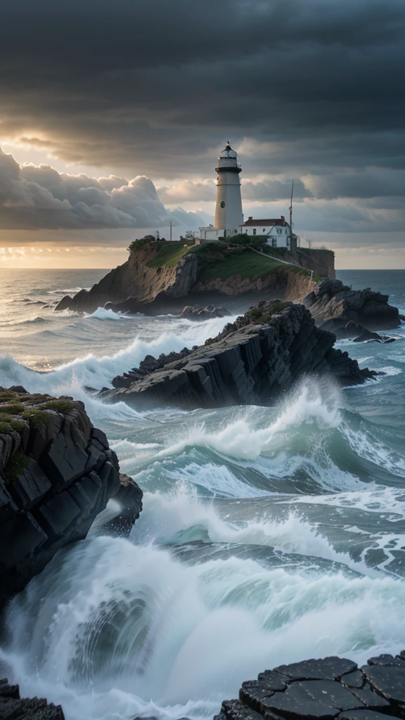 an anime-style landscape of a lonely lighthouse perched on a rocky cliff by the sea. The waves crash against the rocks below, sending up sprays of water. The lighthouse stands tall and solitary, its light cutting through the foggy air. The sky is overcast, with dark clouds hinting at an approaching storm, creating a dramatic and moody atmosphere.
