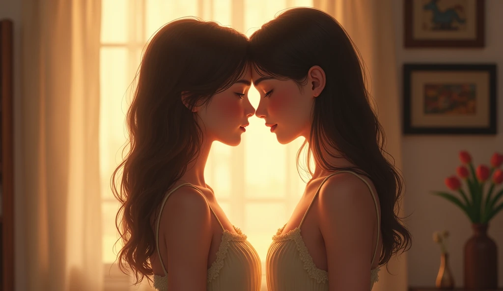 2 girls, Standing in the house , Beautiful lighting.