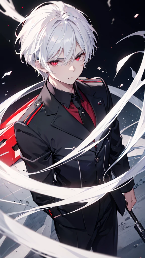 (Highest quality,Very detailed,A man with white hair,Age: about),hair is short,cool,Red eyes,Black suit,His eyes are shining white,His eyes are shining white,Looking at me with a glaring face,