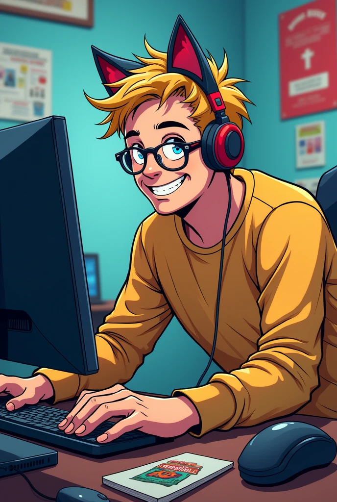 A 2 nerdy blonde man with messy short hair and glasses wearing cat ear headsets, unshaved, playing computer with an inviting expression, DC comics style