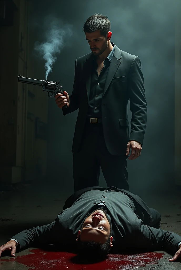 Homme qui tient un pistolet dans sa main, le canon du pistolet fume, au pied de l'homme, il y a le cadavre d'un homme qui a une balle dans la tête et qui gît dans une flaque de sang, le cadavre a une balle en plein front