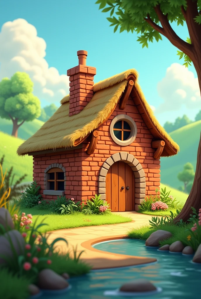 generates an image inside an animated brick house similar to that of the three little pigs but without them inside the house