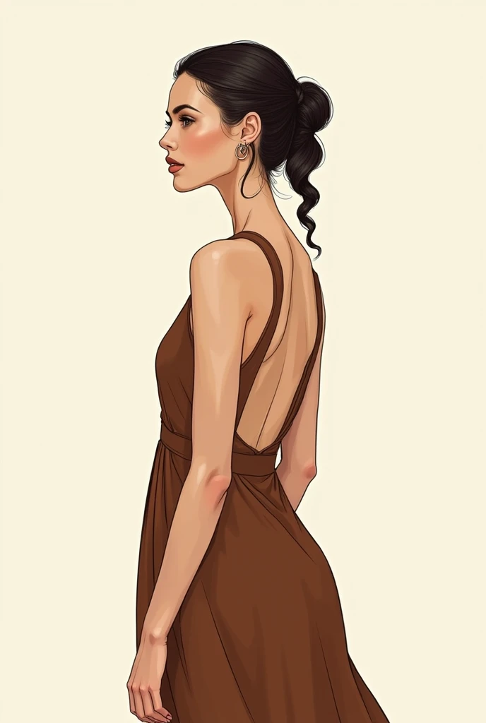 Make me a sketch of a hairstyle, for Carmen, a work of modern ballet and contemporary dance. I want an illustration where only a brown dress appears, open from the sides, with a high neckline but without sleeves, something informal, up to the knees