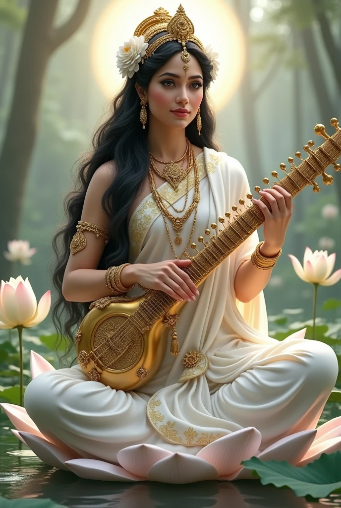 **Prompt:** "Create an ultra-realistic image of Goddess Saraswati, depicting her divine beauty and grace as she holds the musical instrument Veena. She should have a serene and radiant face, with flawless, glowing skin and delicate, perfectly sculpted features—large, expressive eyes filled with wisdom and calmness, a graceful nose, and soft, serene lips. Her long, flowing hair should be jet-black, cascading over her shoulders, adorned with a crown of white flowers or a simple, elegant tiara.

Goddess Saraswati should be dressed in a pristine white saree with intricate gold embroidery, symbolizing purity and knowledge. Her jewelry should be elegant and understated, with delicate necklaces, bangles, and earrings that add to her divine beauty. She should be seated gracefully on a lotus flower or a white swan, symbolizing purity and spiritual enlightenment.

In her hands, she should gently hold the Veena, a beautifully crafted instrument with intricate details and a polished, golden finish. Her fingers should be poised as if playing, capturing the essence of divine music and art. The background should be a serene, natural setting with soft, diffused light, perhaps featuring a tranquil river, blooming lotuses, and a peaceful, ethereal glow that enhances the overall divine atmosphere. The image should capture the essence of Goddess Saraswati’s beauty, wisdom, and her role as the embodiment of music and knowledge."