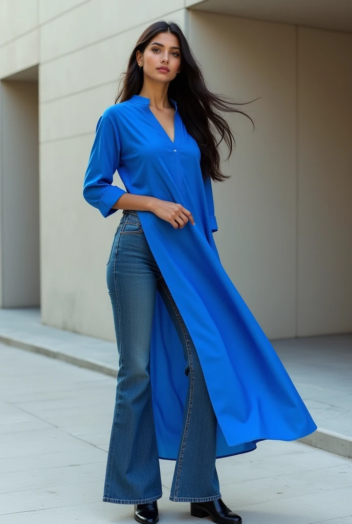 Generate an image of a woman wearing long kurta,blue flare jeans and black shoes with black socks