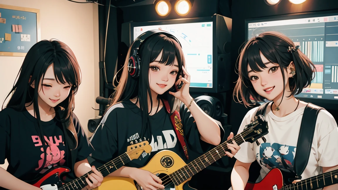 four women、cute smile、Korean idol、Punk style clothing、Recording music performances in the studio、