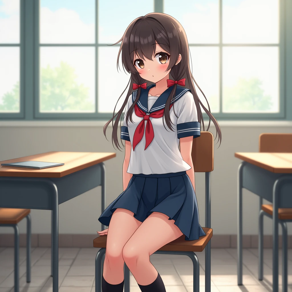 high quality, ultra detailed, masterpiece, super detail, highres, anatomically correct, UHD,
anime style,
1girl, , sitting back to back, put hands on back of chair, smile,
white school uniform, serafuku, short sleeve, navy-blue sailor collar, blue ribbon,
navy-blue skirt, skirt up,
black high socks, small chest, summer uniform, uwabaki,
black hair, (low twintails), low pigtails, red ribbon in hair, very long hair,
dark brown eye,
classroom, indoors, school chair, school desk,
school,
from front, upper body, from slightly above,
day, summer