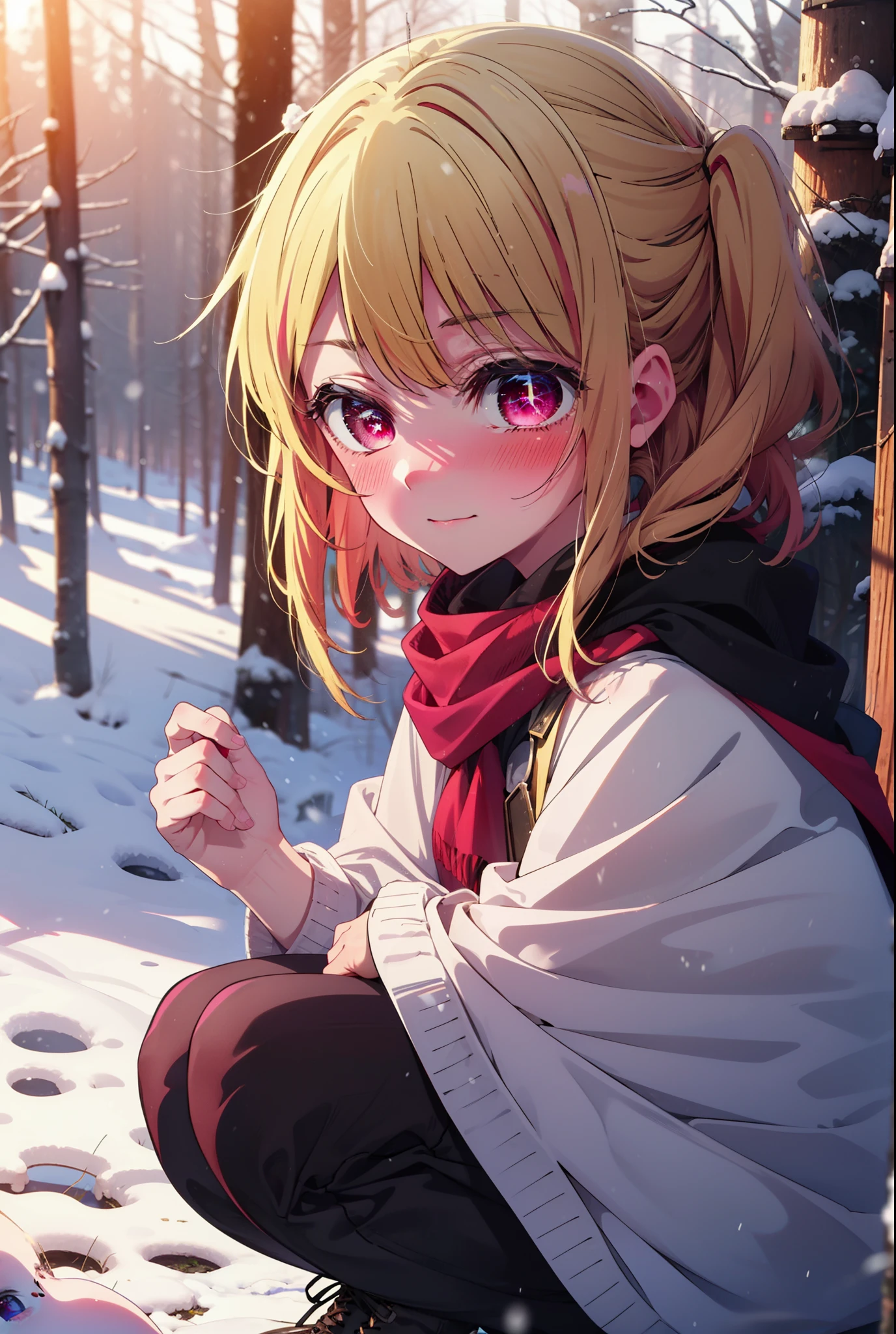 rubyhoshino, Hoshino Ruby, Long Hair, bangs, blonde, (Pink Eyes:1.3), Side Lock, (Symbol-shaped pupil:1.5), Multicolored Hair, Two-tone hair, smile,,smile,blush,white breath,
Open your mouth,snow,Ground bonfire, Outdoor, boots, snowing, From the side, wood, suitcase, Cape, Blurred, , forest, White handbag, nature, Squat, Mouth closed, Cape, winter, Written boundary depth, Black shoes, red Cape break looking at viewer, Upper Body, whole body, break Outdoor, forest, nature, break (masterpiece:1.2), Highest quality, High resolution, unity 8k wallpaper, (shape:0.8), (Beautiful and beautiful eyes:1.6), Highly detailed face, Perfect lighting, Extremely detailed CG, (Perfect hands, Perfect Anatomy),