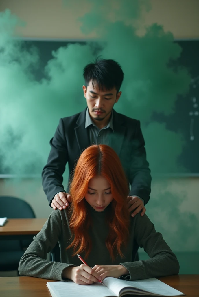 Photo réelle.
Dans une salle de classe avec de la fumer artificielle verte et grise se trouve un professeur et son eleve pendant un cours particulier.
étudiante: age 23 ans elle a les cheveux roux, longs et ondulés, assise à un bureau, entrain d ecrire la tête baissée.
Professeur : age 30 ans Derrière elle, son enseignant originaire de la réunion a un teint mat et des cheveux noirs courts, a ses mains posées sur les épaules de l etudiante , affichant un visage satisfait, indiquant qu'il a le contrôle de la situation.