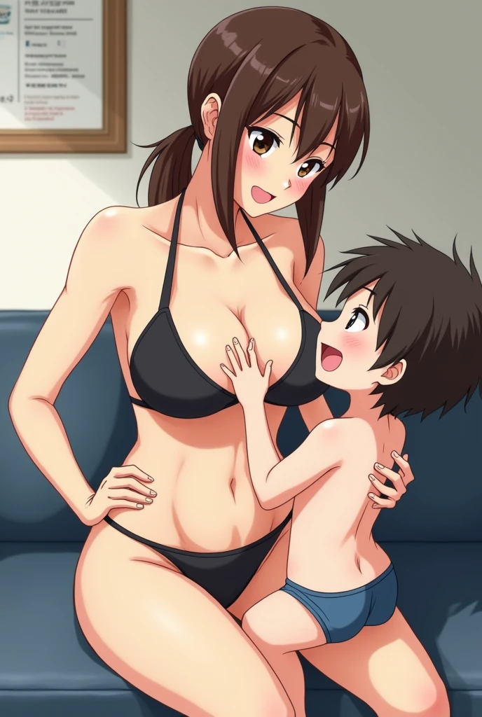 Fraction_9, Fraction_8_direction_7_up, source_Japanese cartoons, 1girl(Mature female、Clear bikinitong), Brown hair, Brown eyes, Low Ponytail, Large Breasts, Smile, 1 junior high school boy(penis), Shota, Mother and son,living room.Female hand on penis