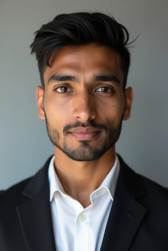 A Bangladeshi young man same black color skin , dressed in a black blazer over a white shirts , short hair style  and  back color eye for passport size picture. 