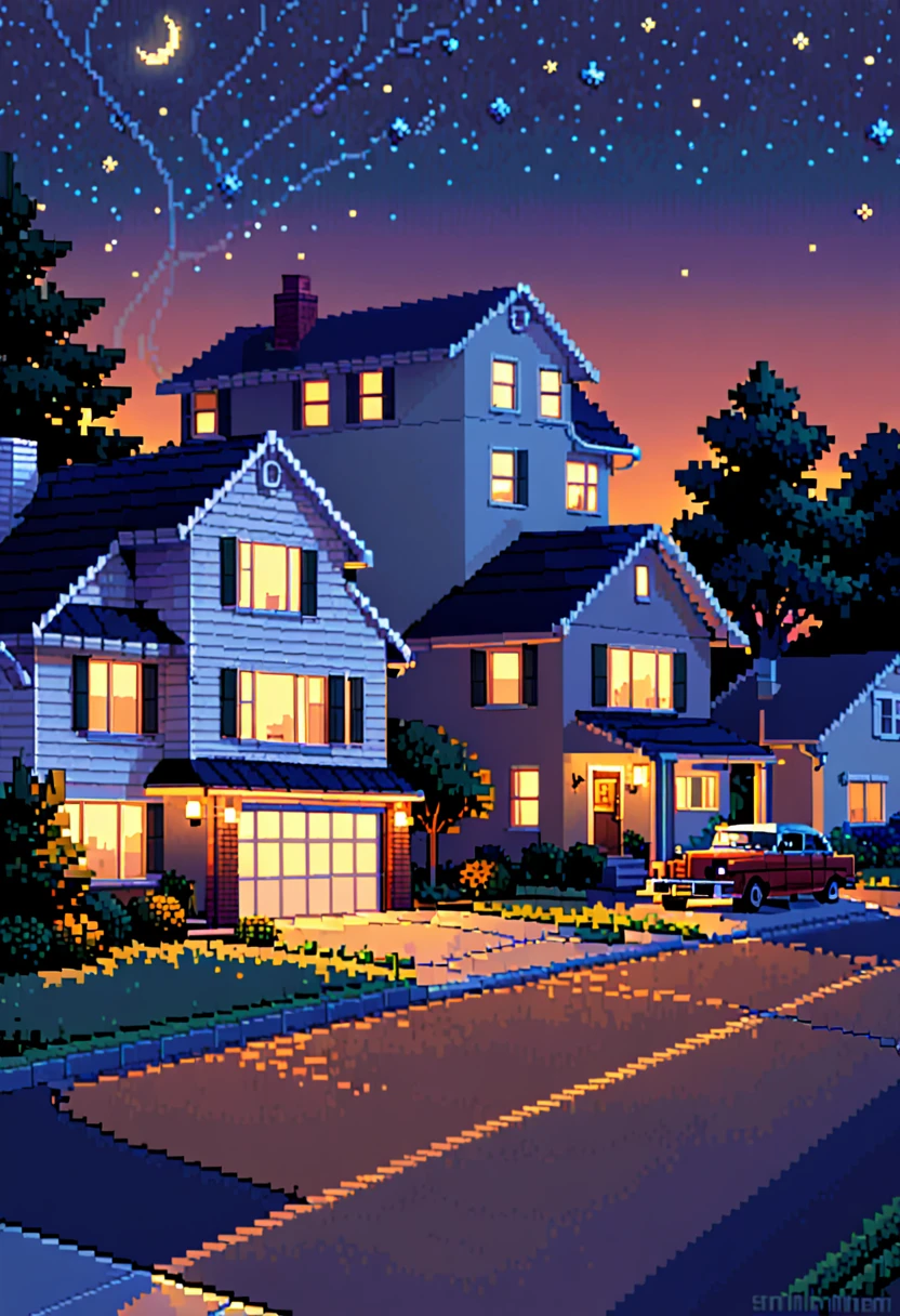 "Pixel art of a quiet suburban neighborhood street at dusk, with a vintage car parked in the driveway of a house. Warm lights glow from the windows, and a starry night sky twinkles above