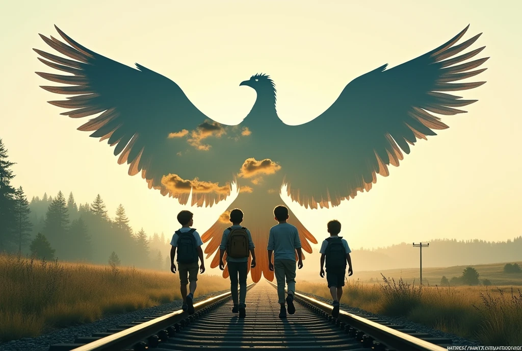 Super realistic illustration, Fantasy art, A beautiful double exposure that combines an Phoenix silhouette with 4 boys walking along railroad tracks, walking boys should serve as the underlying backdrop, with its details incorporated into the Phoenix spreading its wings wide, Four s go on an adventure walking along railroad tracks on a rural Oregon summer day, crisp lines, sharp focus, double exposure, Remembering River Phoenix, "Stand by Me"