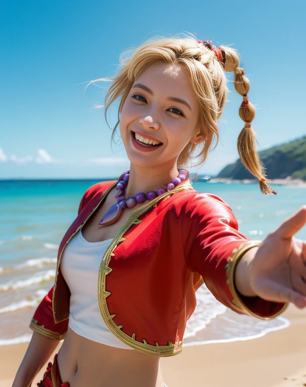 (masterpiece, Highest quality, High resolution, Absurd, Very detailed:1.2), One person, Blonde Twist Ponytail, necklace, Red Crop Jacket,Reaching out a hand、laughing (noon ,Ocean, Sandy Beach:1.3) child (Chrono Cross)